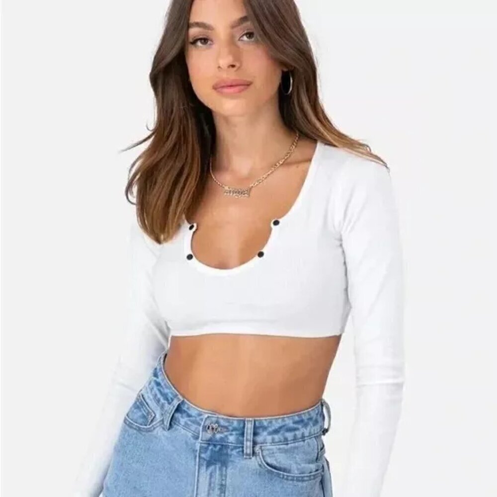 Adika Button Henley Crop Long Sleeve Top Women's Medium Cream